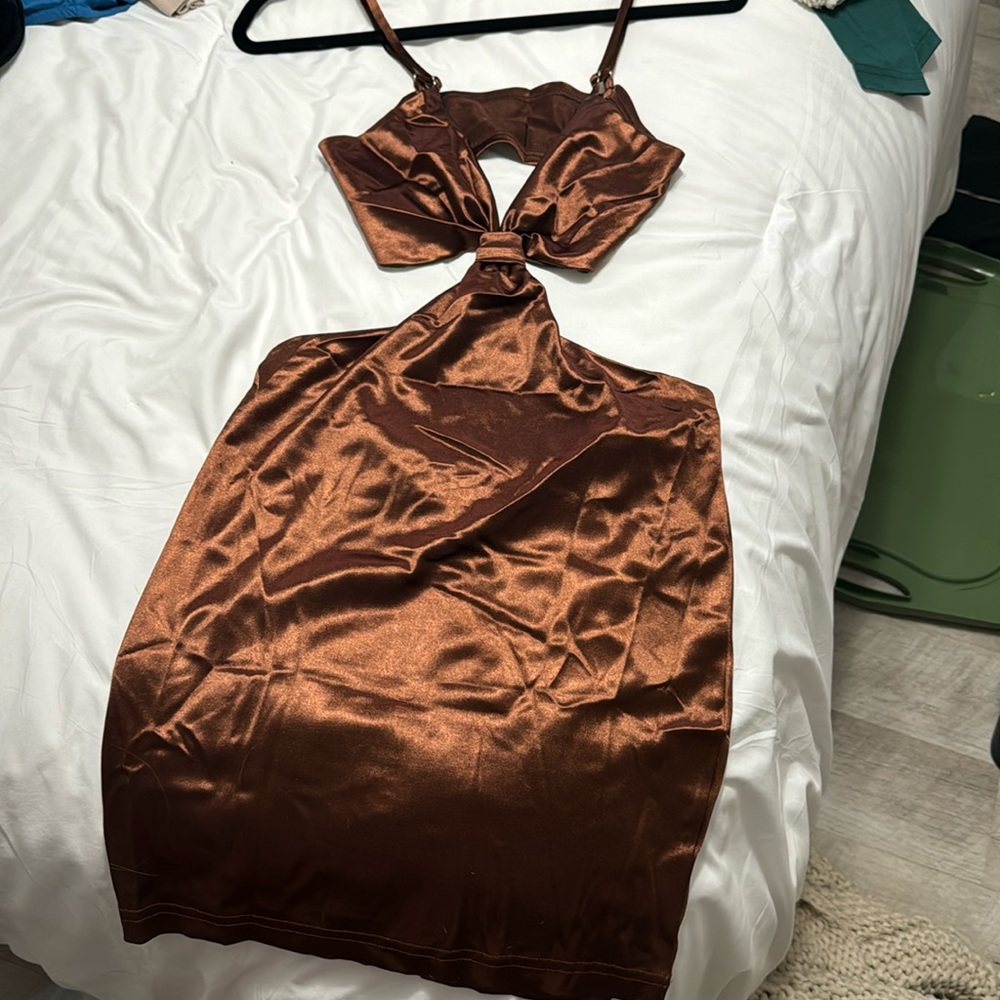 Brown satin mini dress cut out